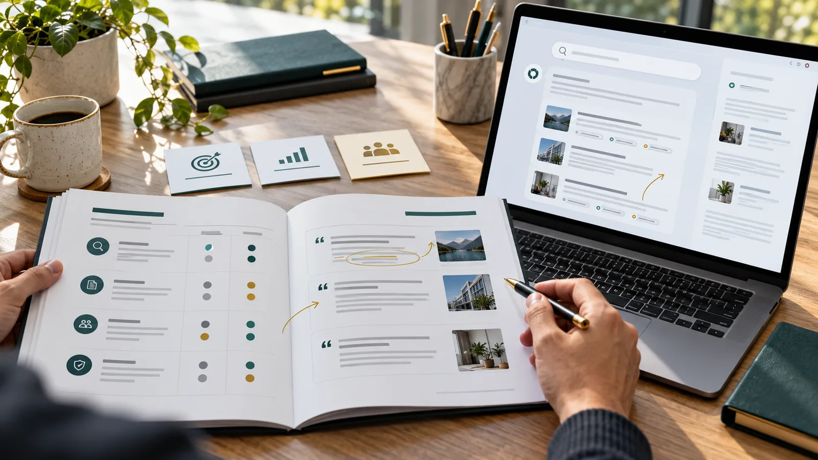 Illustrative audit workspace with a laptop answer interface, comparison report and priority notes.