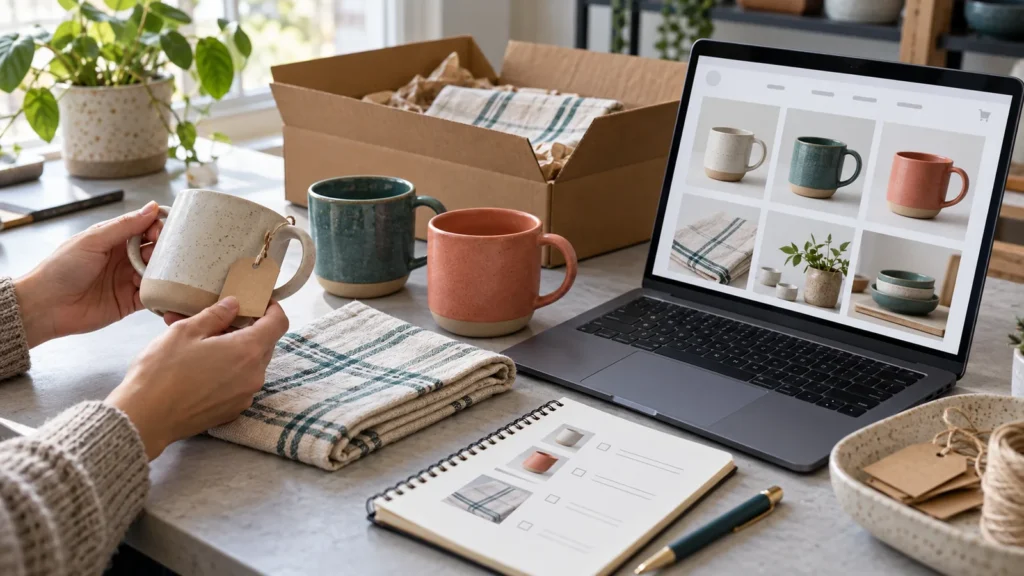 Illustrative homeware catalogue workspace with physical mugs and a laptop product grid.