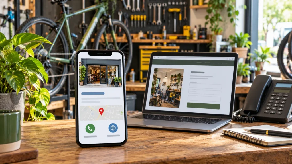 Illustrative bicycle workshop reception with a local listing on a phone, a website on a laptop and a desk phone.