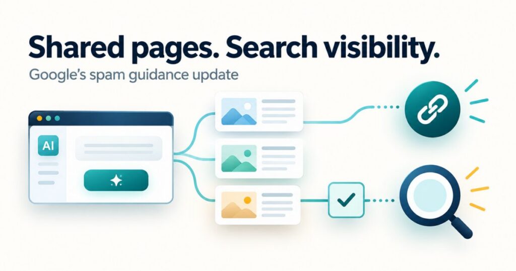 Illustration of AI-generated page cards branching to sharing and search-review icons.