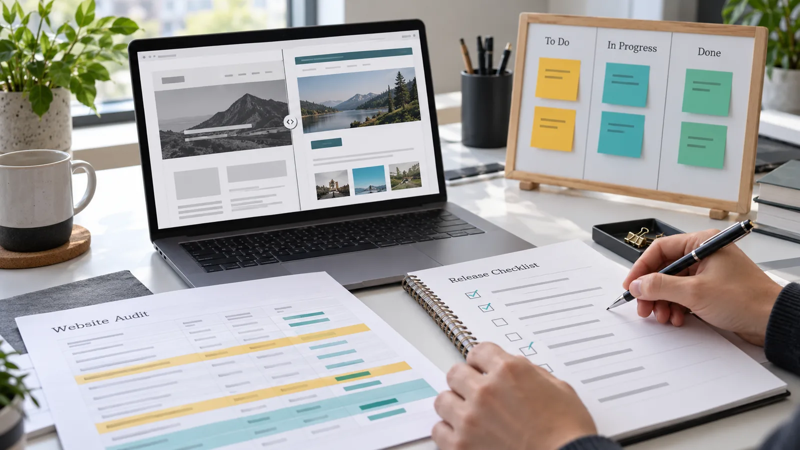 Illustrative workspace with a website preview, audit notes and a task board for coordinating implementation.