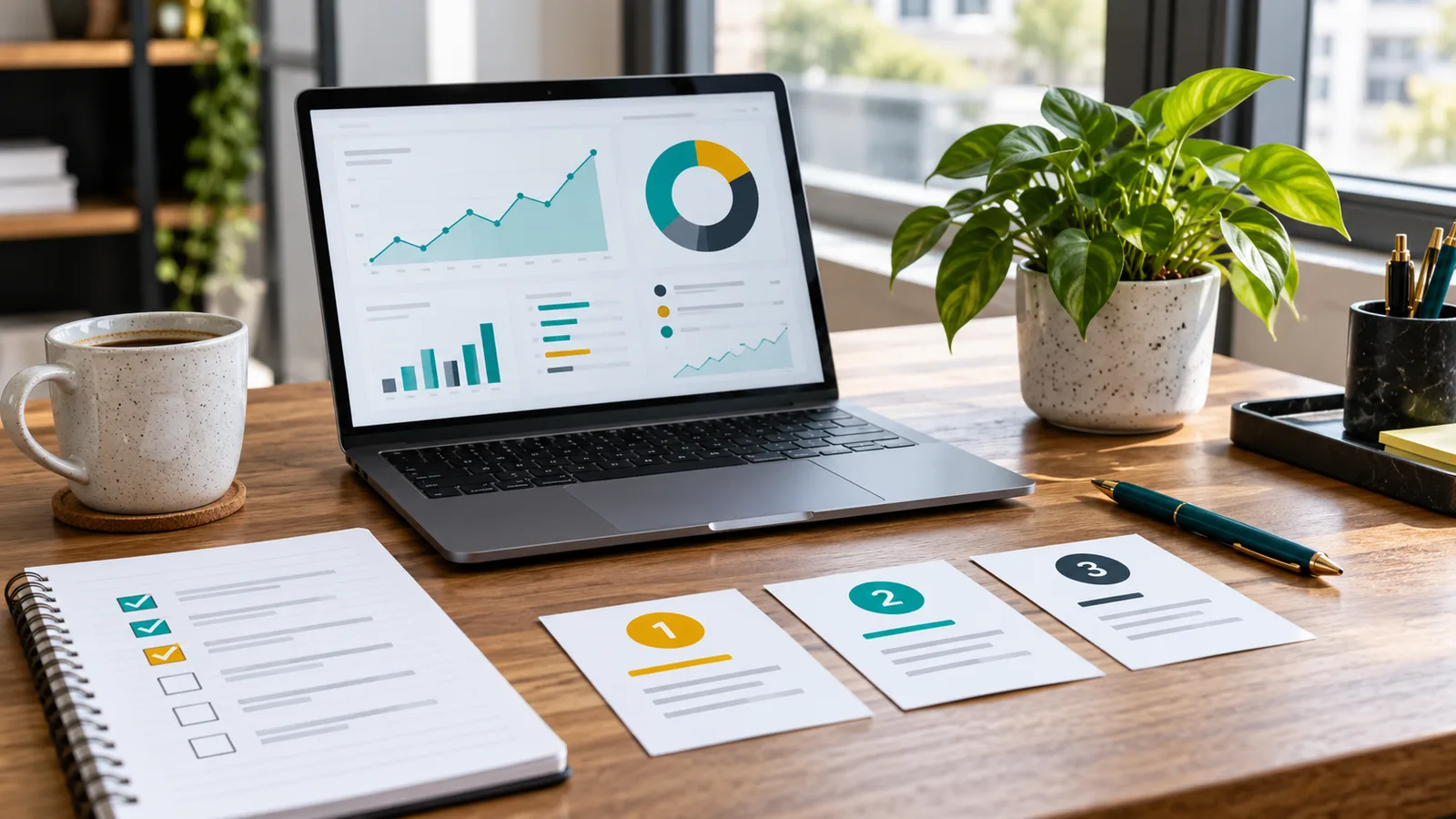 Laptop with an illustrative analytics dashboard, checklist and task cards arranged for audit planning.